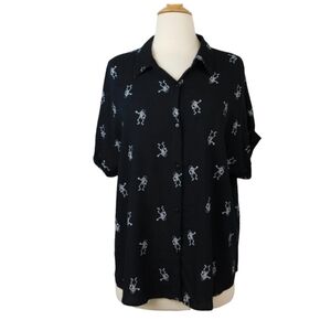 Fun & Flirt‎ Women's Black Spooky Skeleton Button Down Pajama Top Large